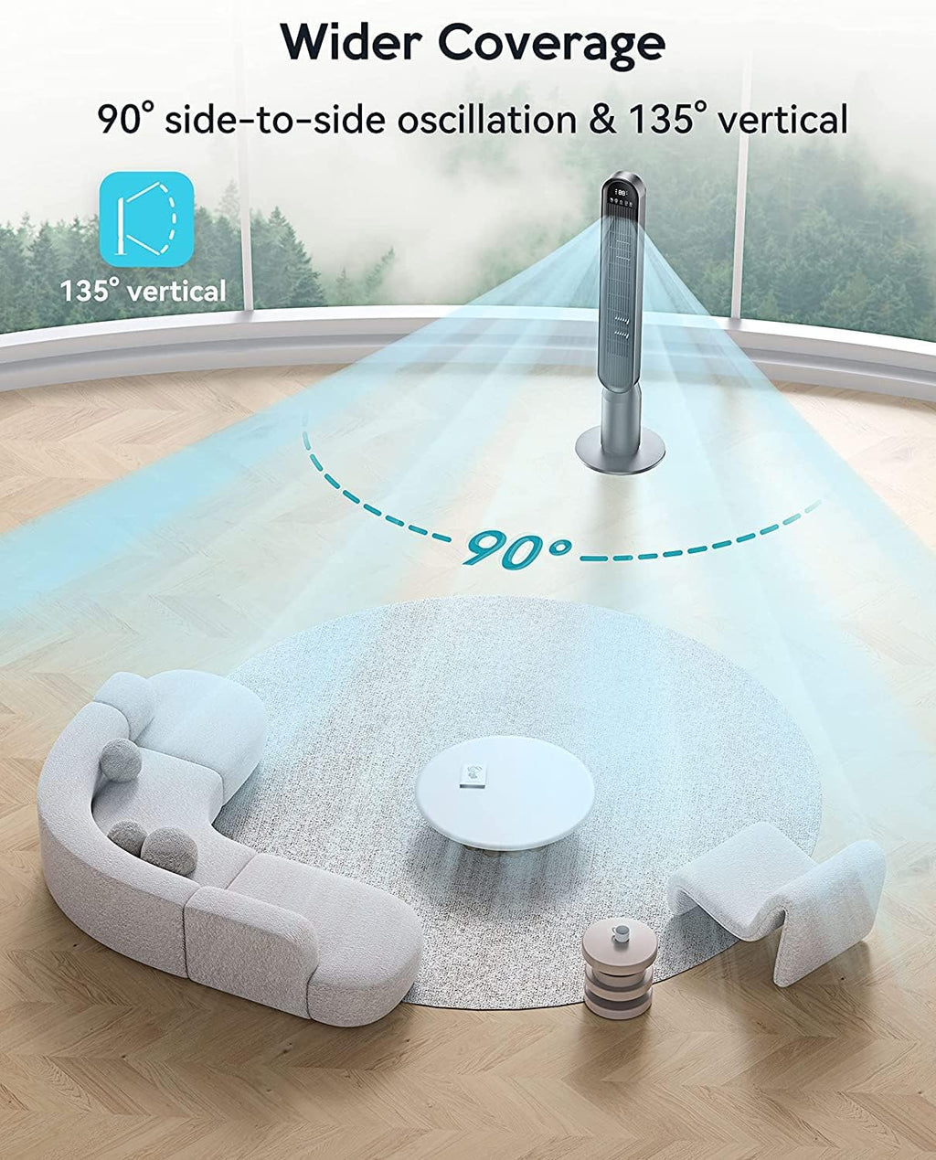 Tower Fan for Bedroom, 42 Inch Quiet Floor Fan with 135° Vertical 90°Oscillation Fans for Indoors, 4 Modes, 4 Speeds