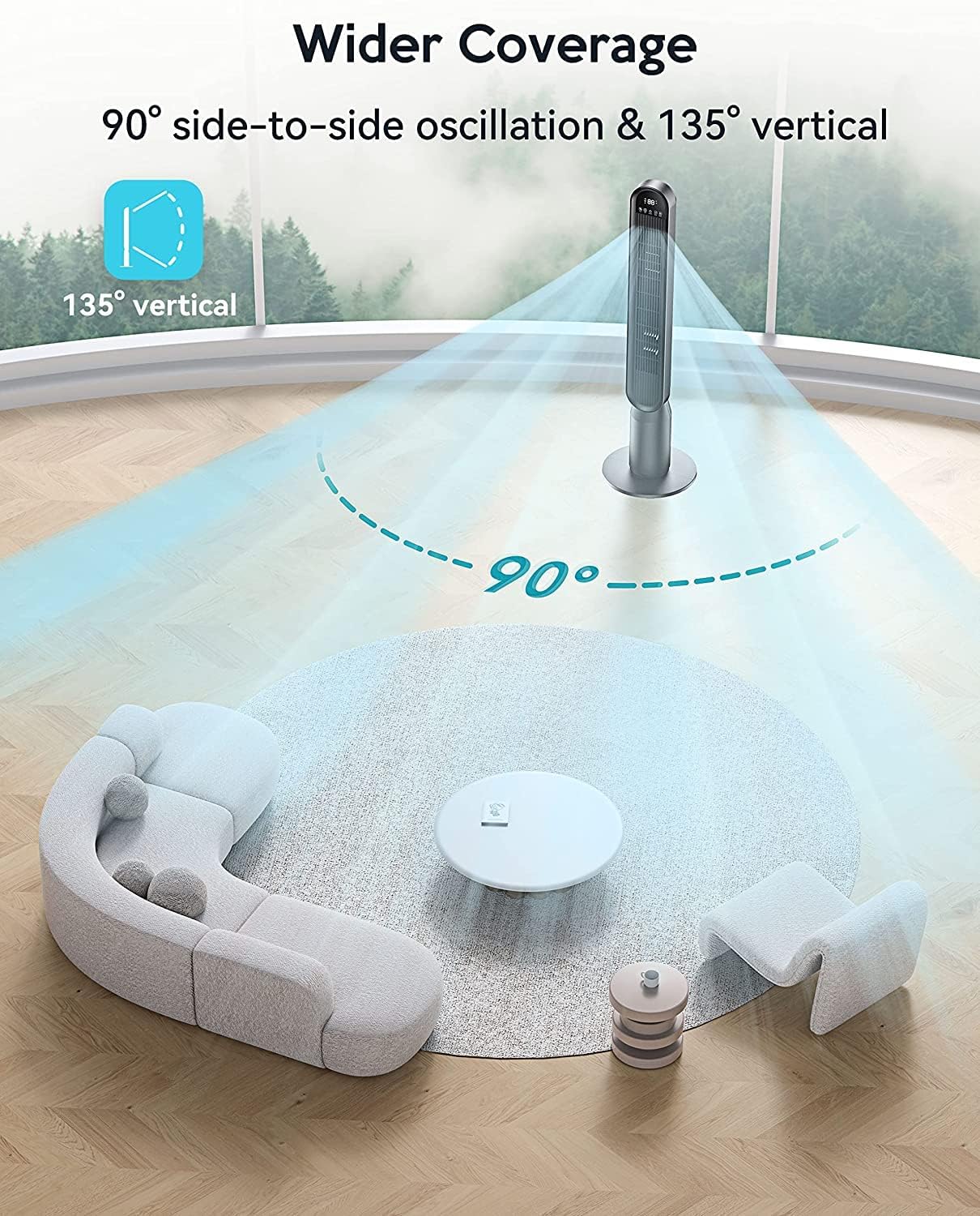 Tower Fan for Bedroom, 42 Inch Quiet Floor Fan with 135° Vertical 90°Oscillation Fans for Indoors, 4 Modes, 4 Speeds