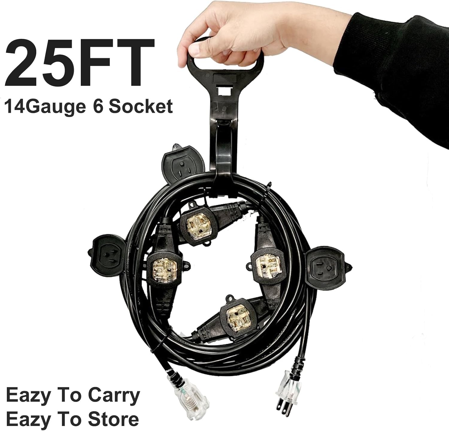 25FT Power Extension Cord 3 Prong, 14 Gauge SJTW 5-15R Male Plug to Female Connector,7 Outlet Cable,Multiple