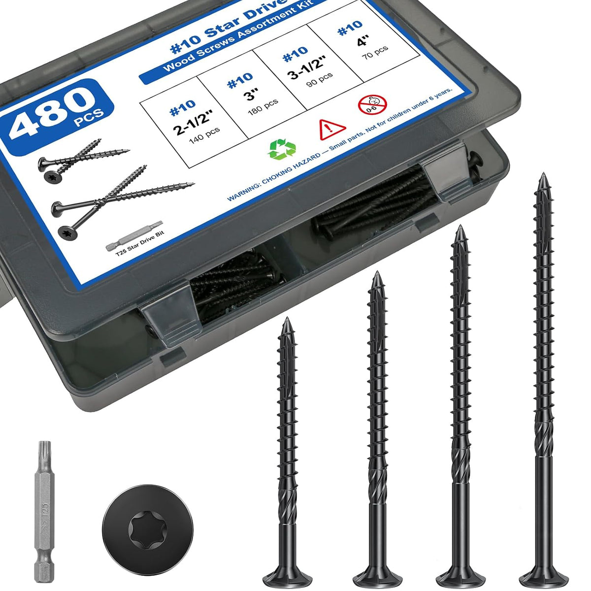 #10 Wood Screws Assortment Kit, 480Pcs 4Sizes Screws Set Assorted Screws