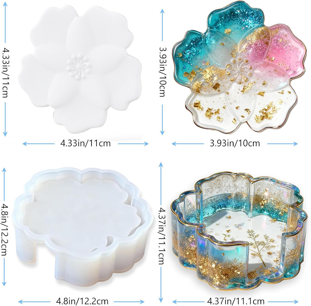 Silicone Coaster Resin Molds, 5PCS Flower Coaster Molds with Holder Mold for Epoxy Resin, Coaster Tray Resin Casting