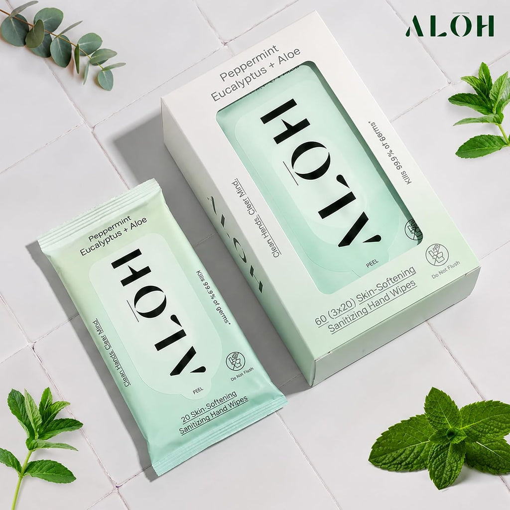 ALŌH Peppermint Eucalyptus + Aloe Hand Sanitizer Wipes, Travel Size | Clean Hands, Clear Mind, On The Go for Kids and