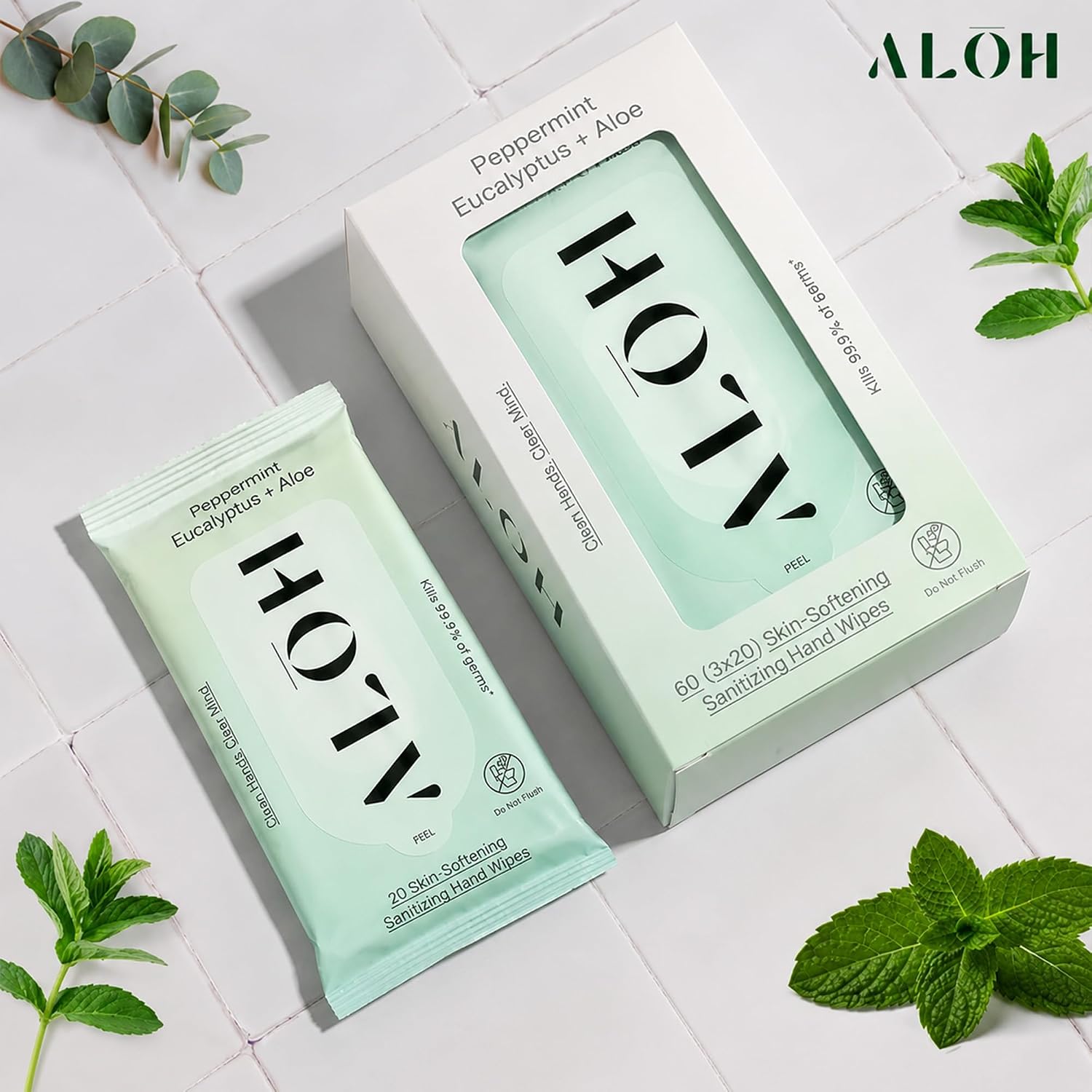 ALŌH Peppermint Eucalyptus + Aloe Hand Sanitizer Wipes, Travel Size | Clean Hands, Clear Mind, On The Go for Kids and