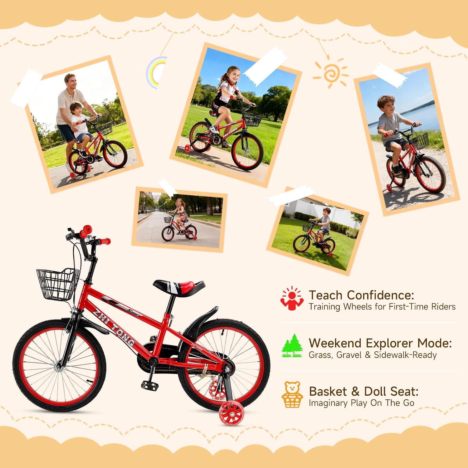 14 16 18 Inch Kids Bike with Training Wheels, Adjustable Seat, Carbon Steel Frame, Dual Brakes, Anti-Slip Wheels