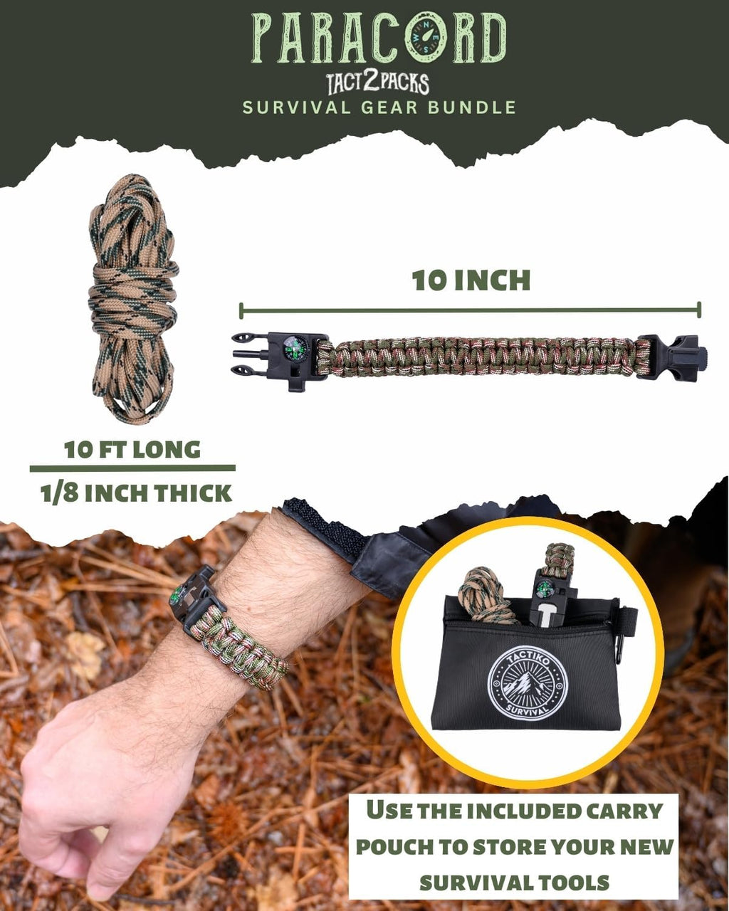 Tactiko Tactical Bracelet & 10' Paracord | Compass, Mini Saw & Fire Starter | Emergency Whistle | Outdoor Essential