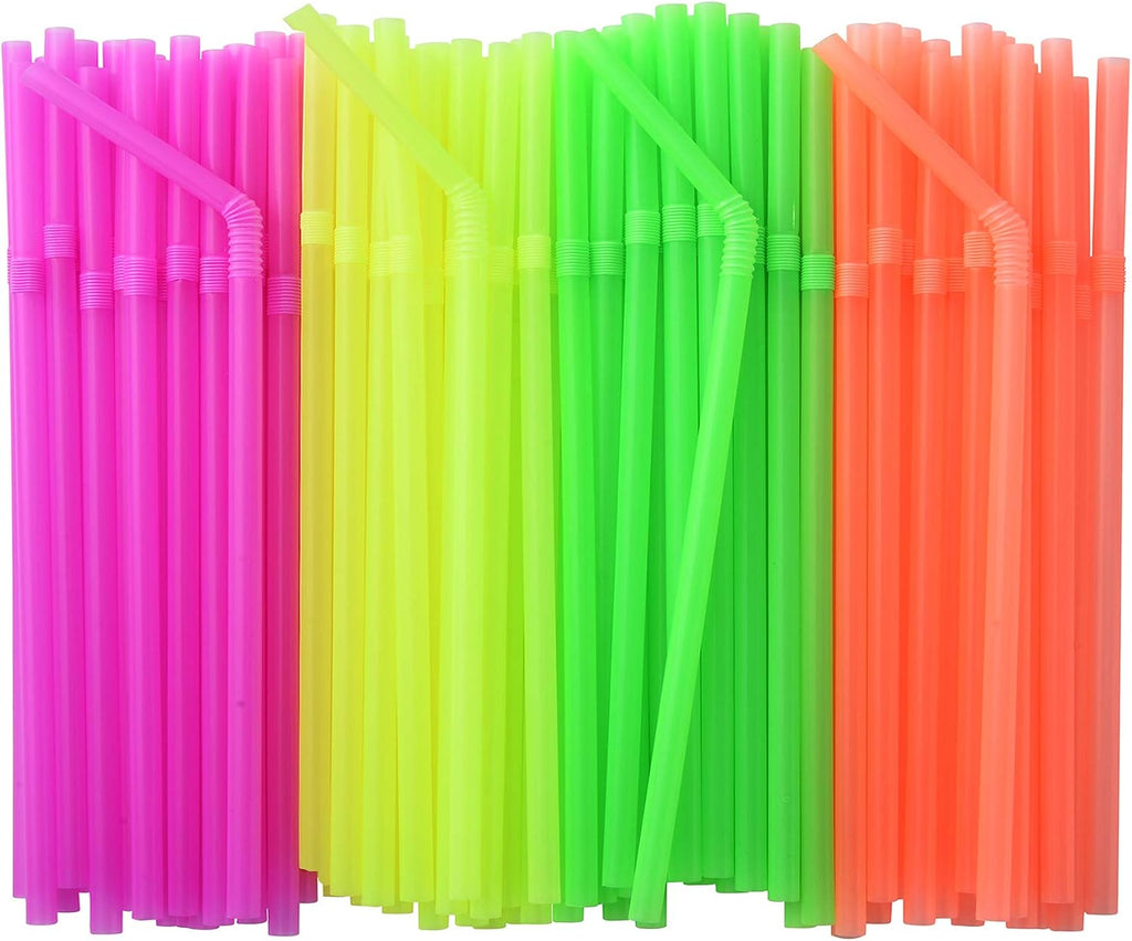 500-PCS Neon Colored Flexible Drinking Straws, Plastic Disposable Bendy Straws - 7.75" x 0.23"