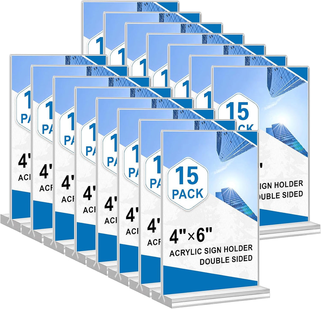 Acrylic Sign Holder 4x6, 15 Pack Clear Double Sided Menu Vertical Display Stand, Desktop Paper Holder Suitable for