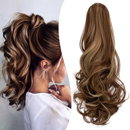 18" Wavy Ponytail Extension, Ash Blonde Mix Light Brown | Claw Clip, Long Pony Tails for Women, Wave Hairpiece