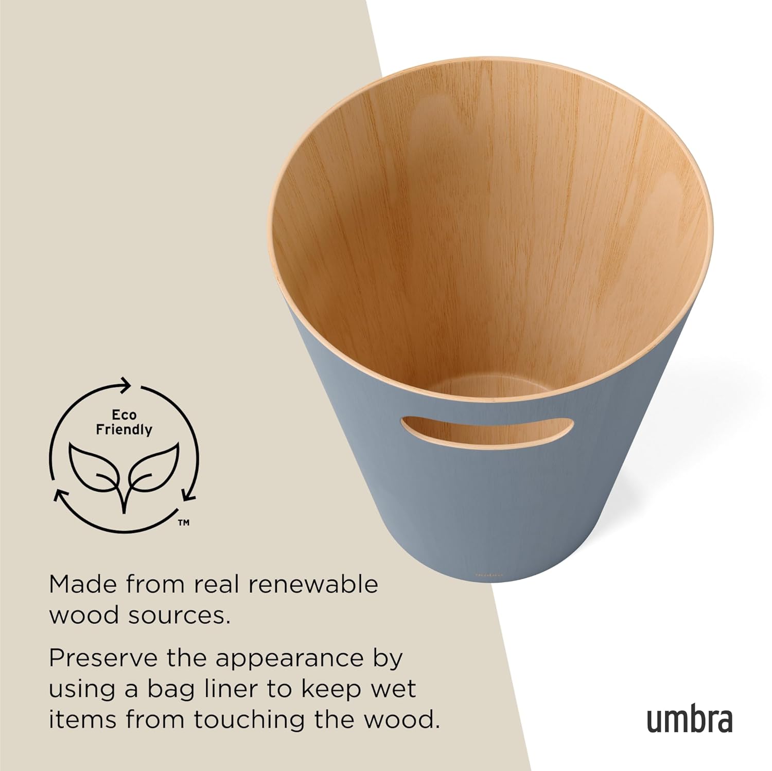 Woodrow Trash Can, Wooden Wastebasket, 2 Gallon, Slate Blue | Beech wood construction, integrated carry handles