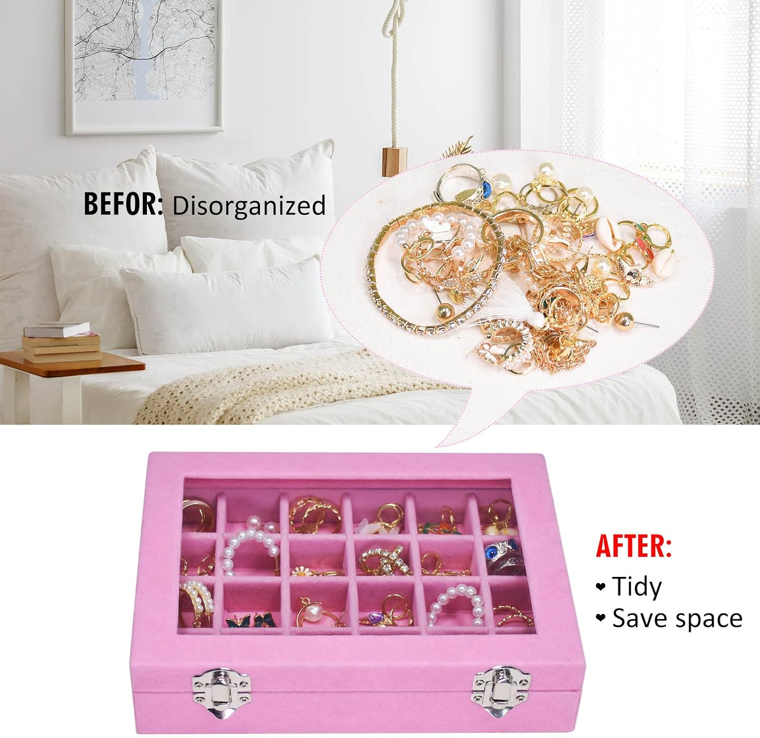 Velvet Jewelry Box 24 Grid Jewelry Ring Display Organiser Box Tray Holder Earrings Storage Case for Girls Wife Mom