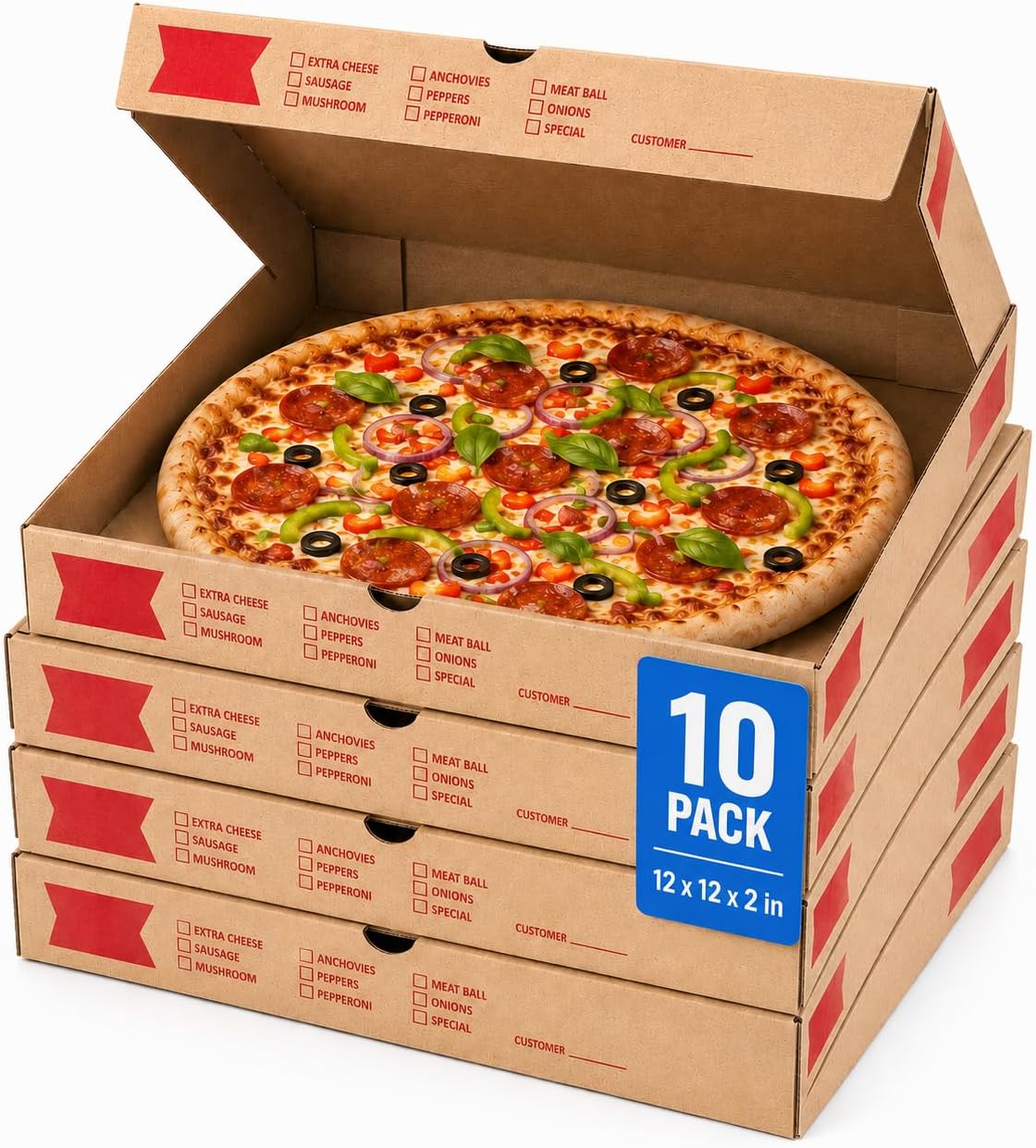 12" x 12" x 2" Corrugated Pizza Boxes | Bulk Pack (10) - Brown Kraft Grease Resistant Takeout Containers | Heavy Duty