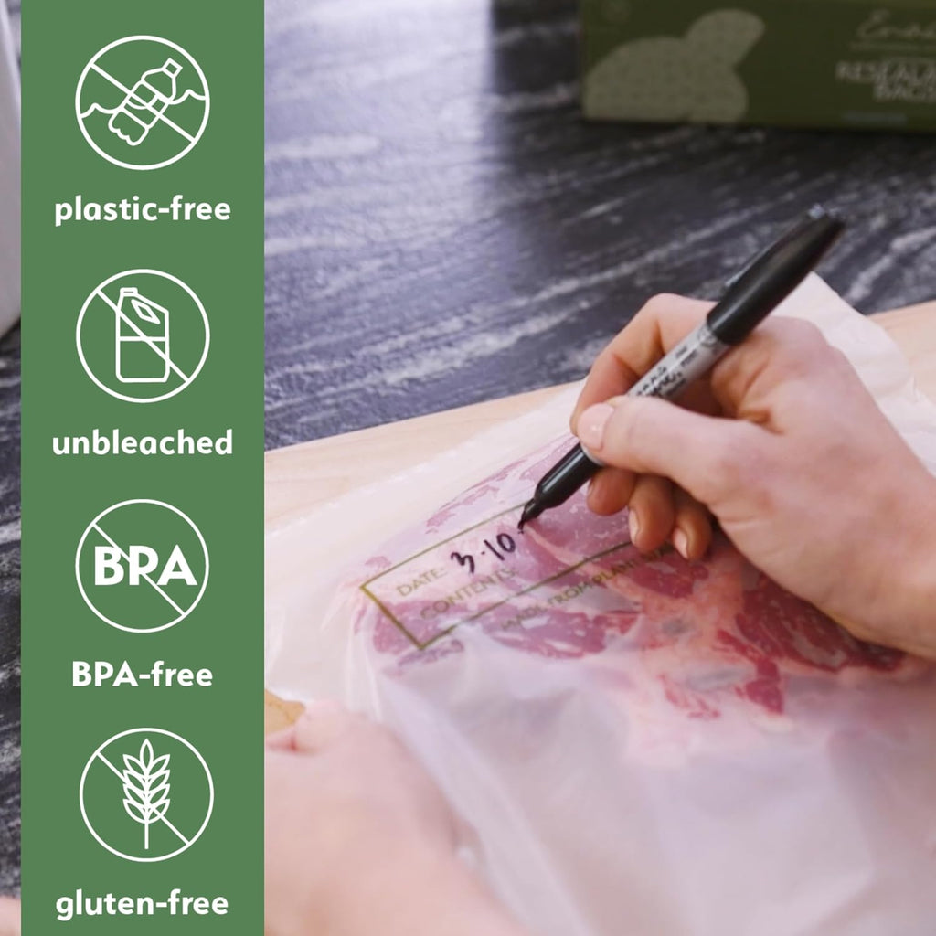 100% Compostable Food Storage Bags - Gallon Size, 50 Pack, Eco-Friendly Freezer Bags, Resealable, Heavy-Duty