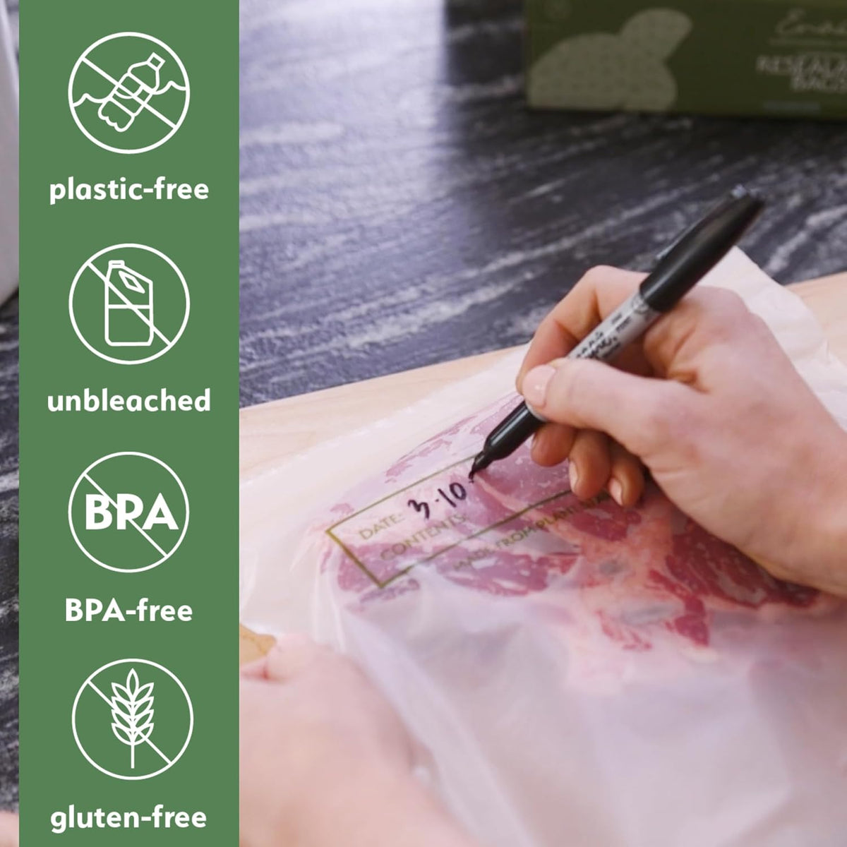 100% Compostable Food Storage Bags - Gallon Size, 50 Pack, Eco-Friendly Freezer Bags, Resealable, Heavy-Duty