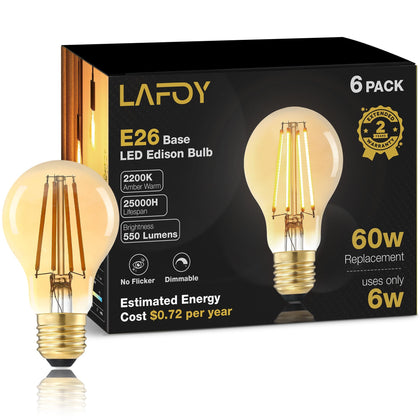 A19 Amber Edison Bulbs, Dimmable E26 LED 60 Watt Equivalent 6 Pack