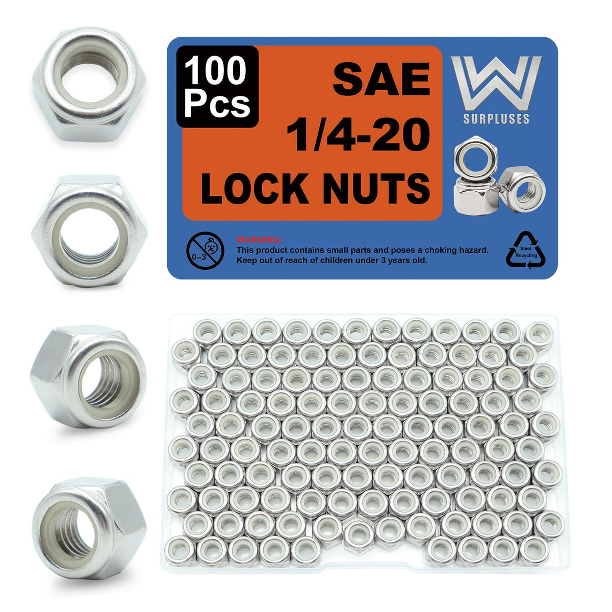 1/4-20 Nylon Insert Lock Nuts 100 Pack, 304 Stainless Steel Hardware Nuts