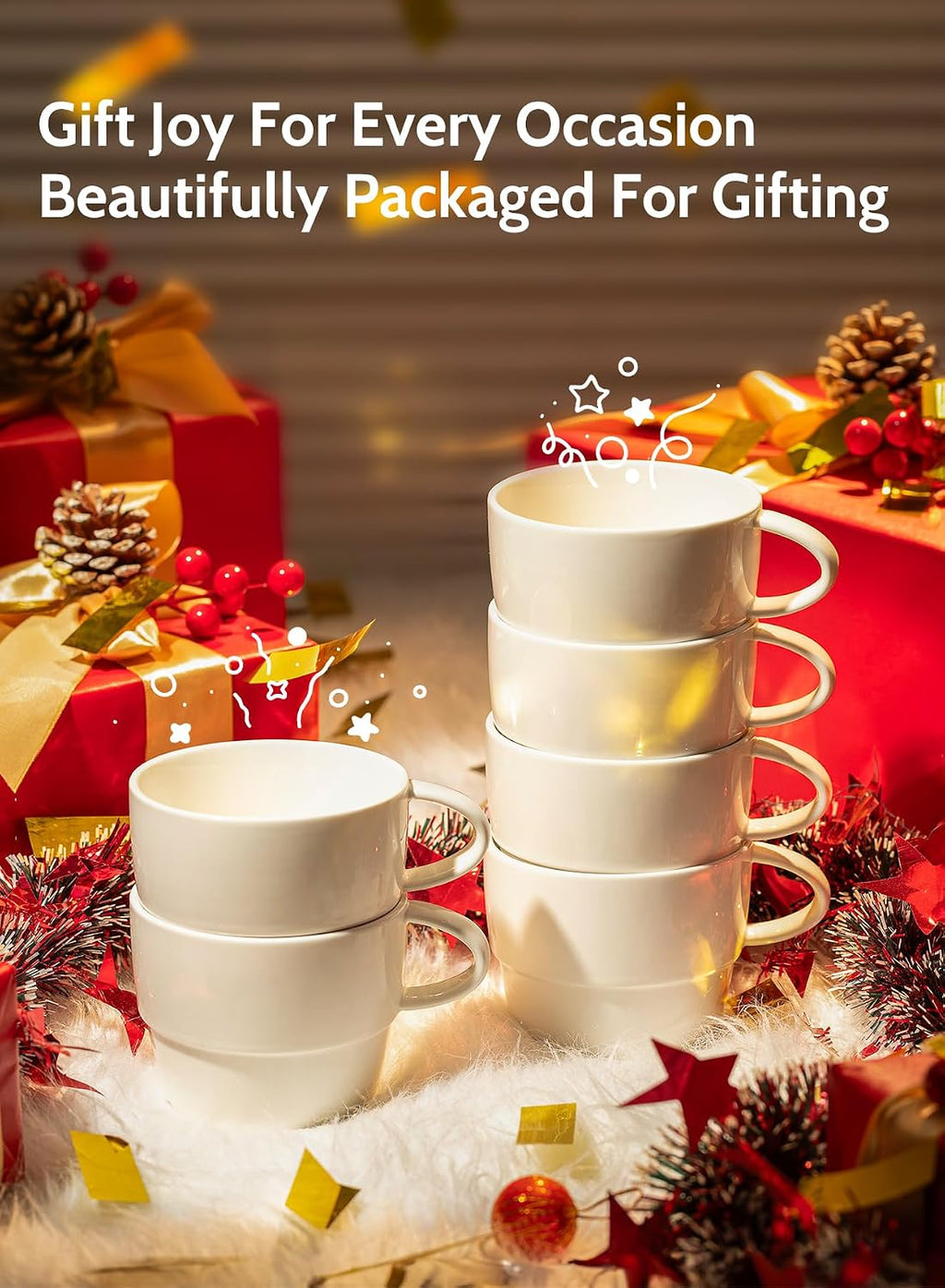 10 oz Stackable Porcelain Coffee Mugs, Set of 6, White