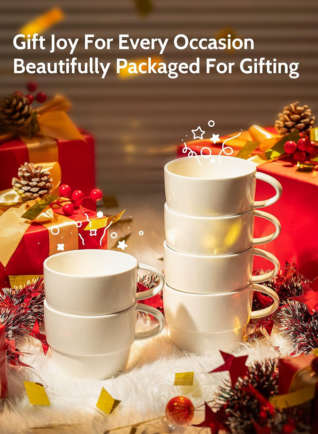 10 oz Stackable Porcelain Coffee Mugs, Set of 6, White