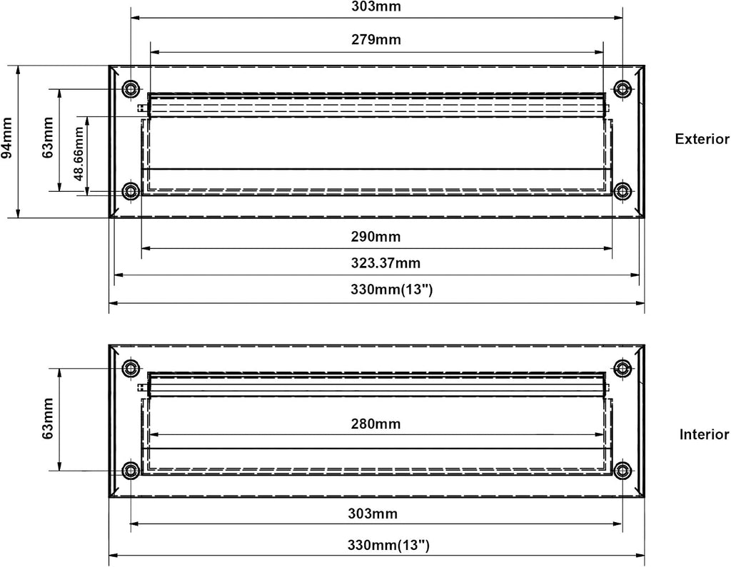 Solid Brass Mail Slot, with Solid Brass Interior Frame, 13" x 3.625", Polished Brass, 1 Pack, Made in Taiwan