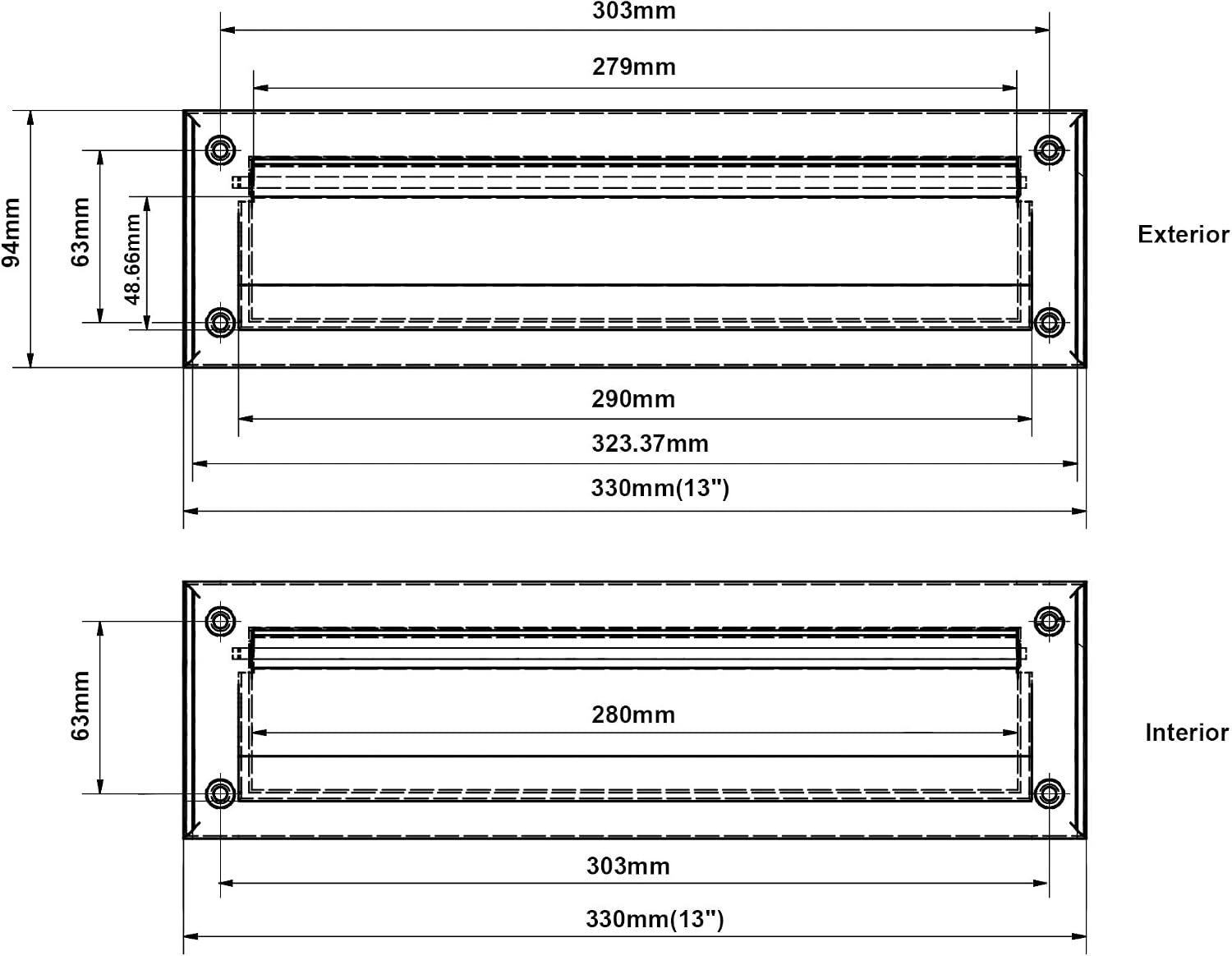 Solid Brass Mail Slot, with Solid Brass Interior Frame, 13" x 3.625", Polished Brass, 1 Pack, Made in Taiwan
