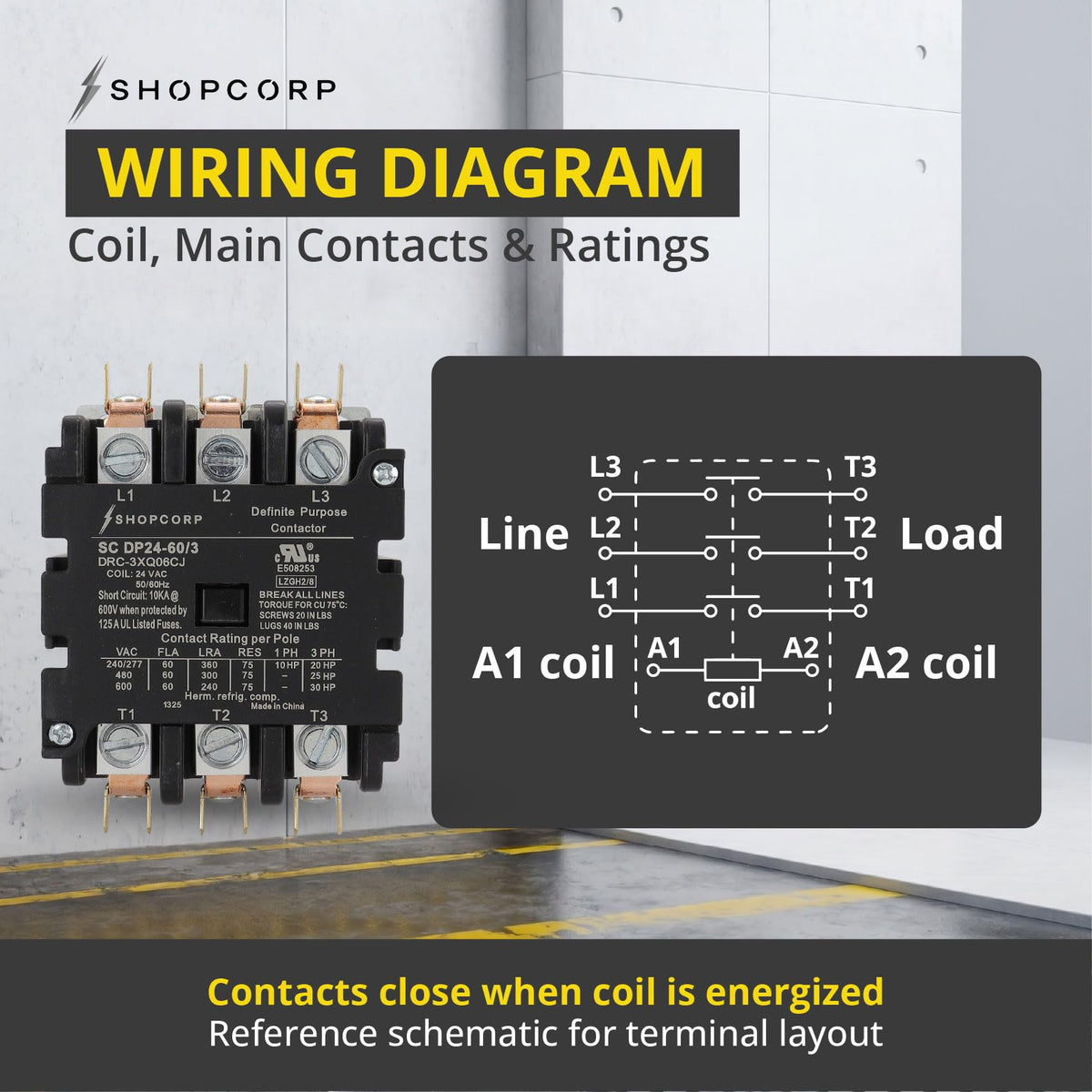 60 Amp AC Contactor, 3 Pole Contactor, 24V Coil, UL Recognized