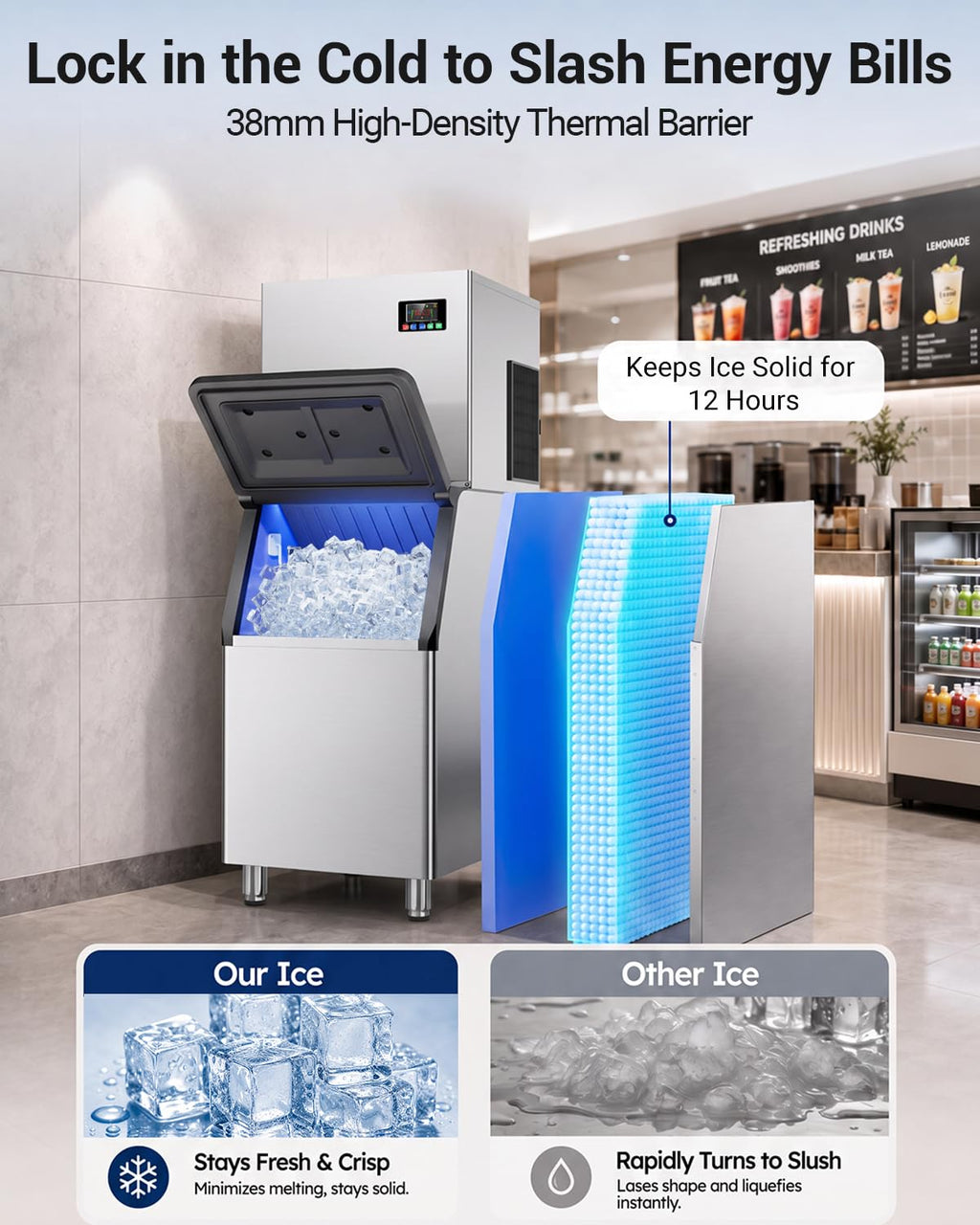 Commercial Ice Maker, 760 LBS/24h with 560 LBS Large Storage Bin