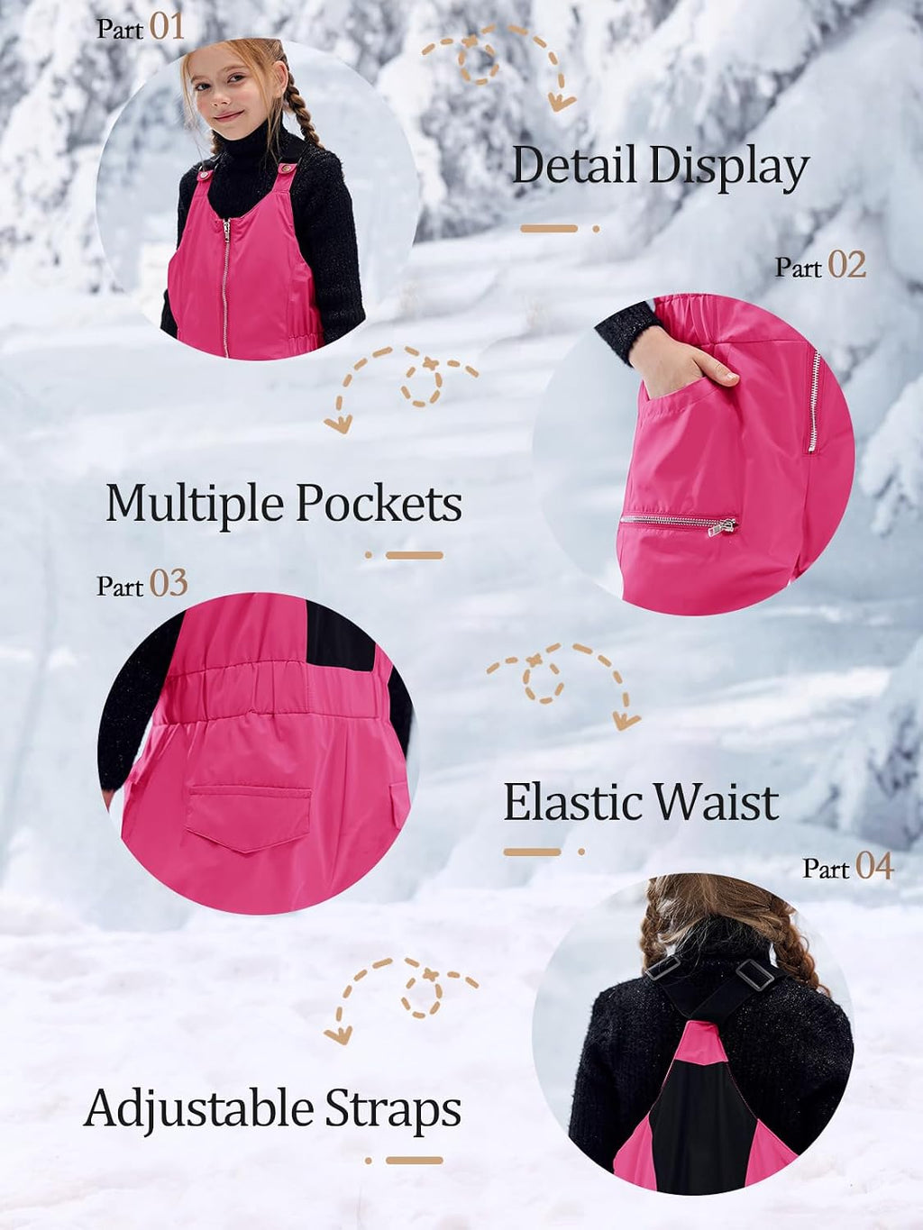 Kids Snow Bibs Waterproof Insulated Ski Pants Overalls Snowsuit | Easy on/off,Snow pants,Snowboard Overalls,,Girls