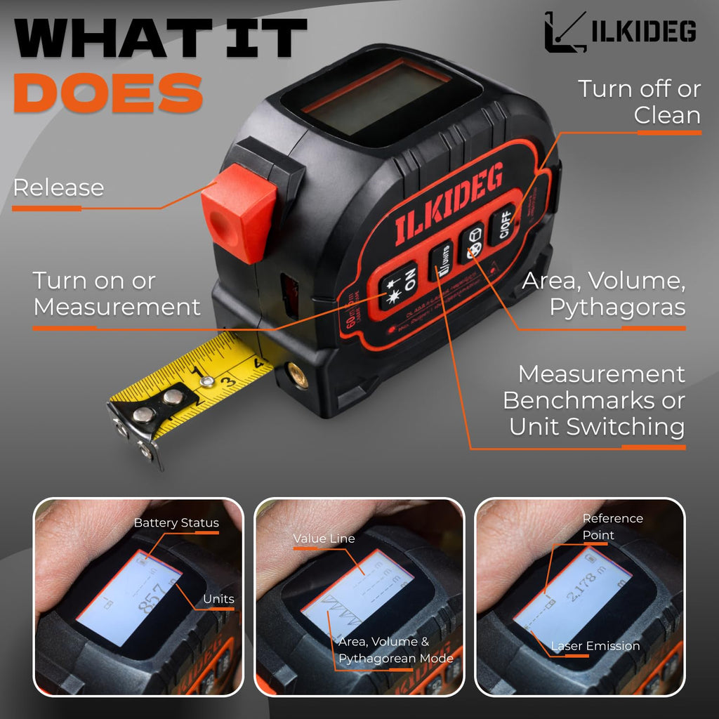 4-in-1 Digital Laser Tape Measure - Multitool Pen, 196ft Laser Measuring Tool, 16ft Measuring Tape, Crosshair Line