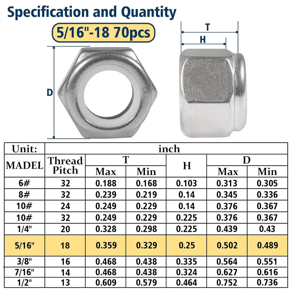 5/16-18 Lock Nut, 70Pcs Stainless Steel Nylock Insert Locking Nuts