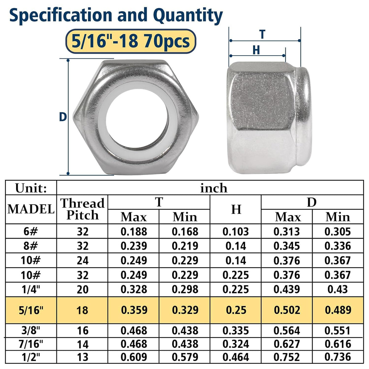 5/16-18 Lock Nut, 70Pcs Stainless Steel Nylock Insert Locking Nuts