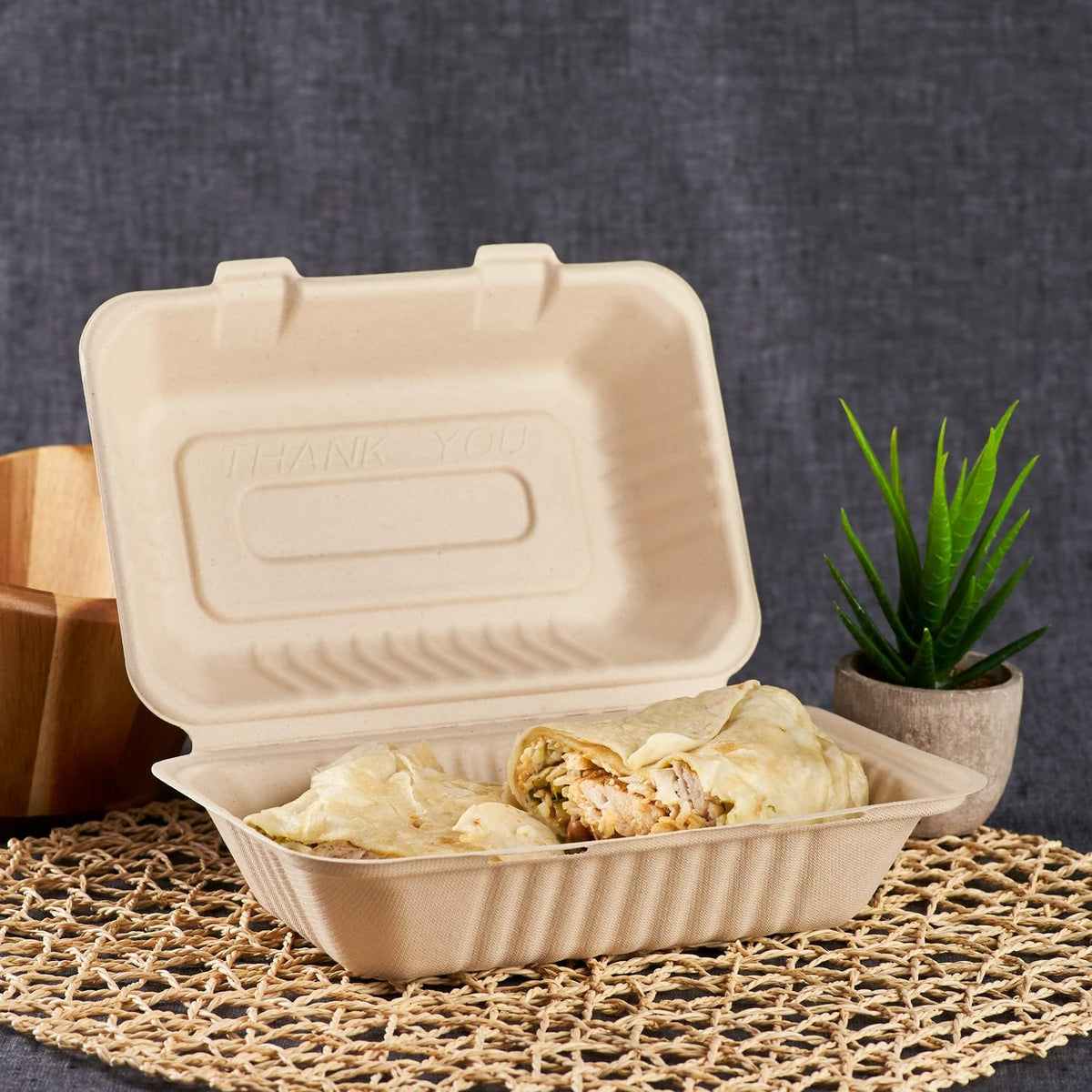 Clamshell Take Out Food Containers [9"x6", 200 ct] - Compostable To Go Containers, Natural Disposable Biodegradable