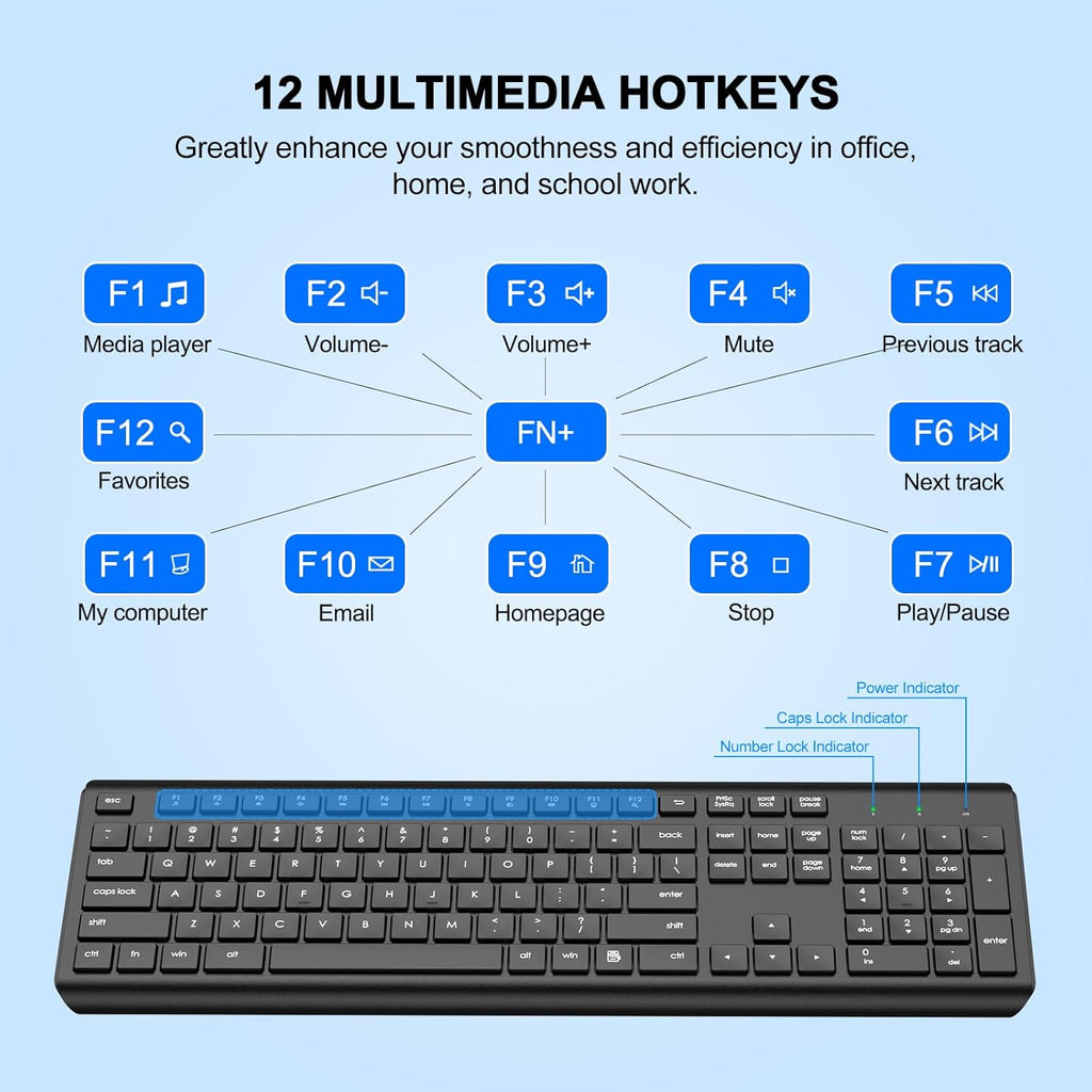 Wireless Keyboard and Mouse Combo, Full Size Silent Ergonomic Keyboard and Mouse, Long Battery Life, Optical Mouse