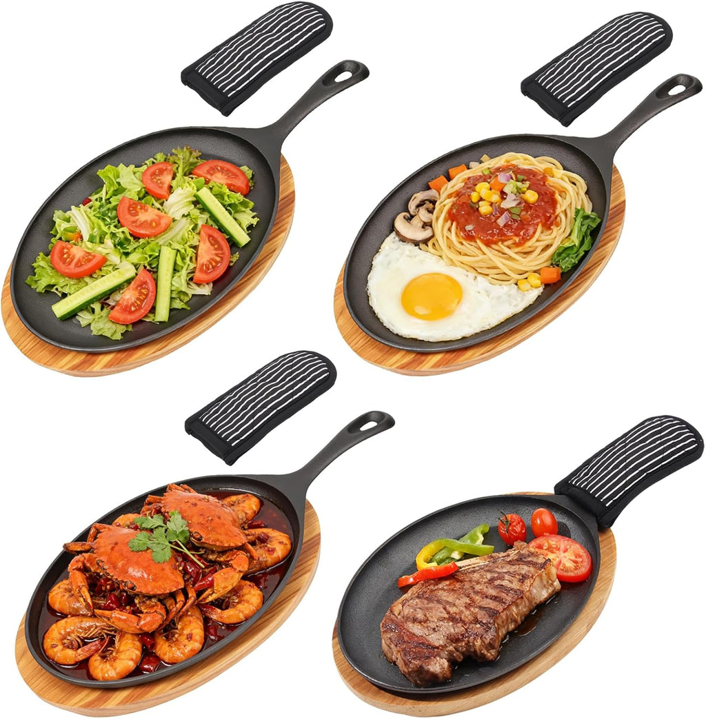 4 Sets Cast Iron Fajita Skillet Set Sizzling Plate with Wooden Base & Anti Scald Protection Hot Handle Cover, Cast