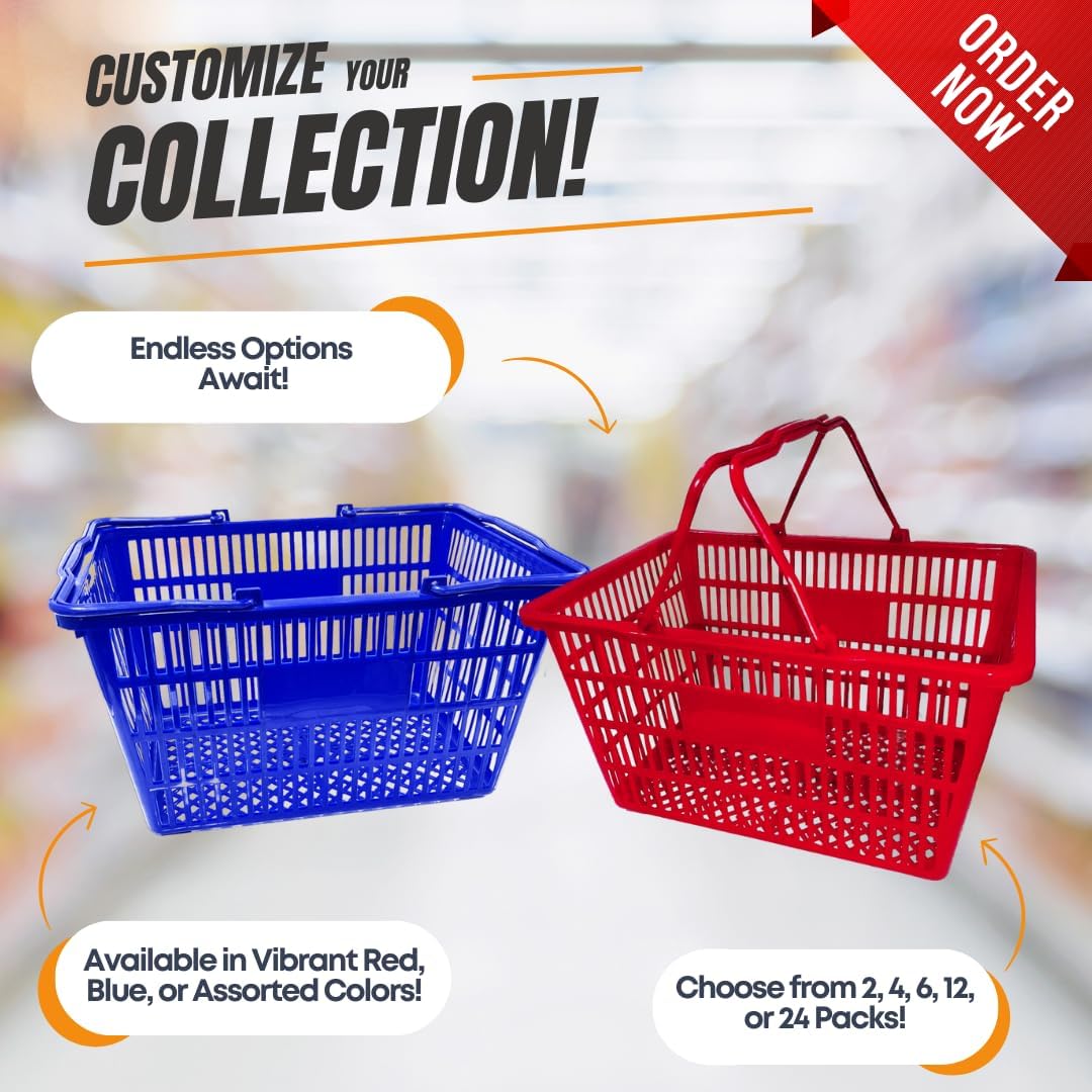 Stackable Plastic Shopping Baskets, Red and Blue, Easy-Grip Handles for Grocery, Retail, Liquor Stores, Home Use