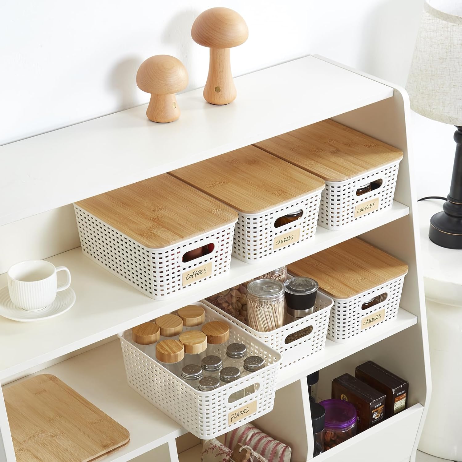 Small Plastic Storage Bins with Bamboo Lids 5.2qt Stackable Box Basket Pantry Decorative Containers Cute with Labels