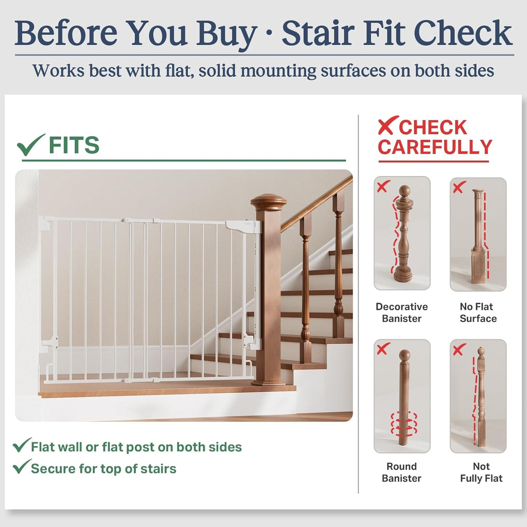 29.2–43" Baby Gate for Stairs, Hardware Mounted (Drill Required), Expandable No Bottom Bar Dog Gate, Auto Close Extra