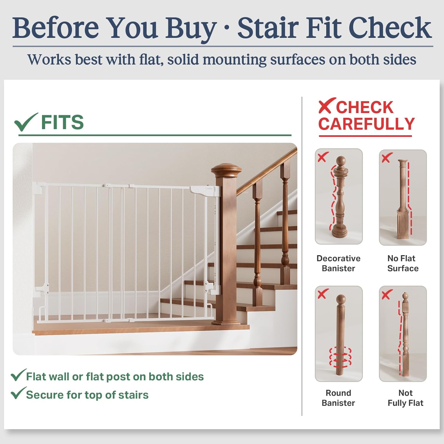 29.2–43" Baby Gate for Stairs, Hardware Mounted (Drill Required), Expandable No Bottom Bar Dog Gate, Auto Close Extra