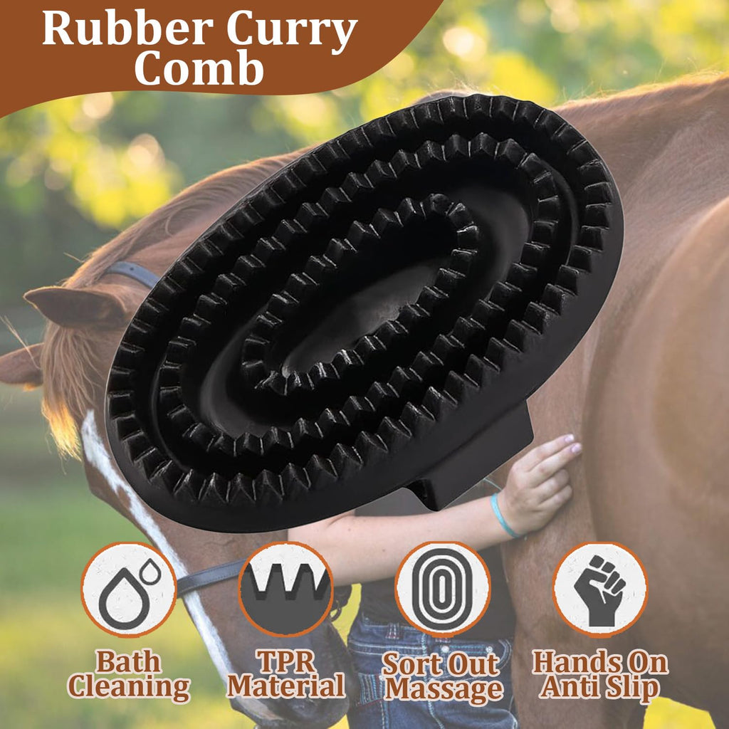 Rubber Curry Comb with Handle, Grooming Brush for Dogs, Cats & Horses