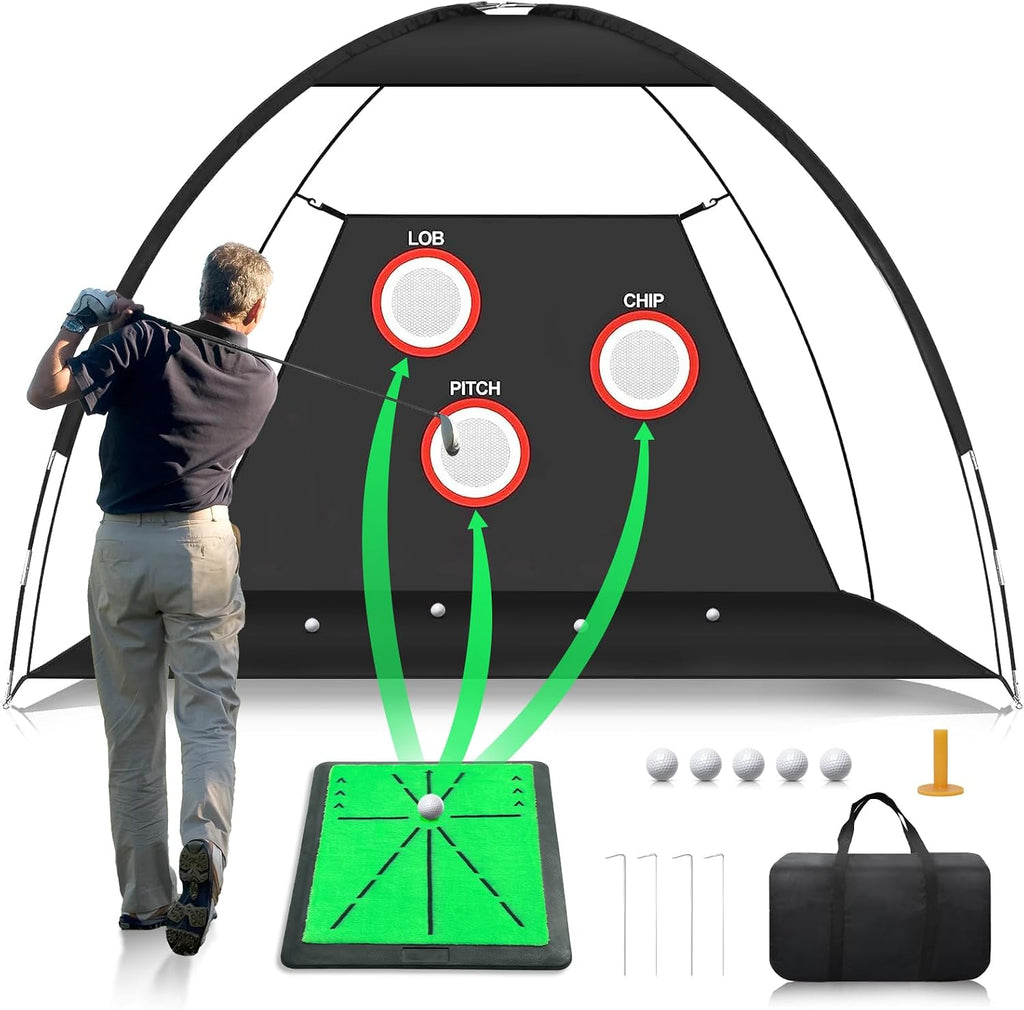 Golf Net, 10x7FT Golf Practice Net with Swing Mat, Golf Hitting Net for Backyard Driving, Indoor/Outdoor Training