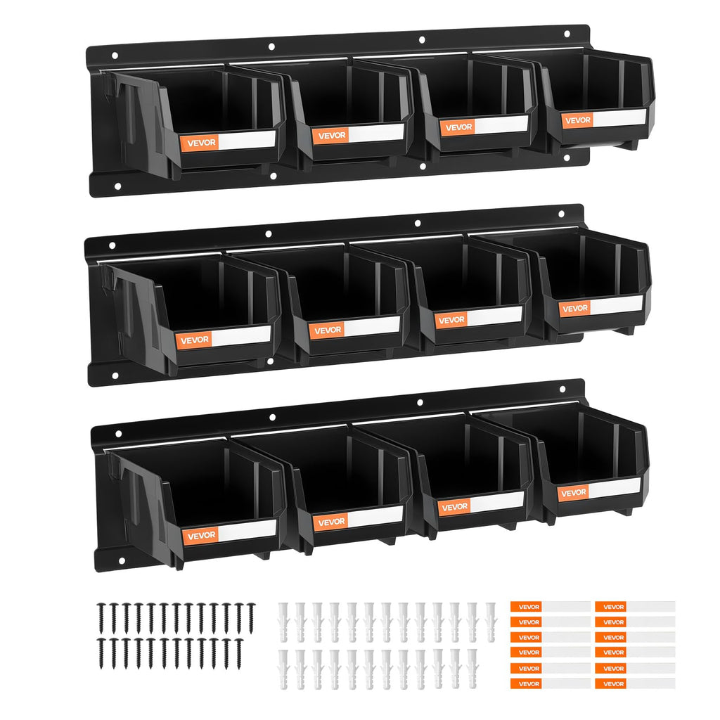 Wall Mounted Storage Bins, 12 Plastic Bins & 3 Metal Rails, Plastic Hanging Stackable Storage Bin for Screws, Nuts