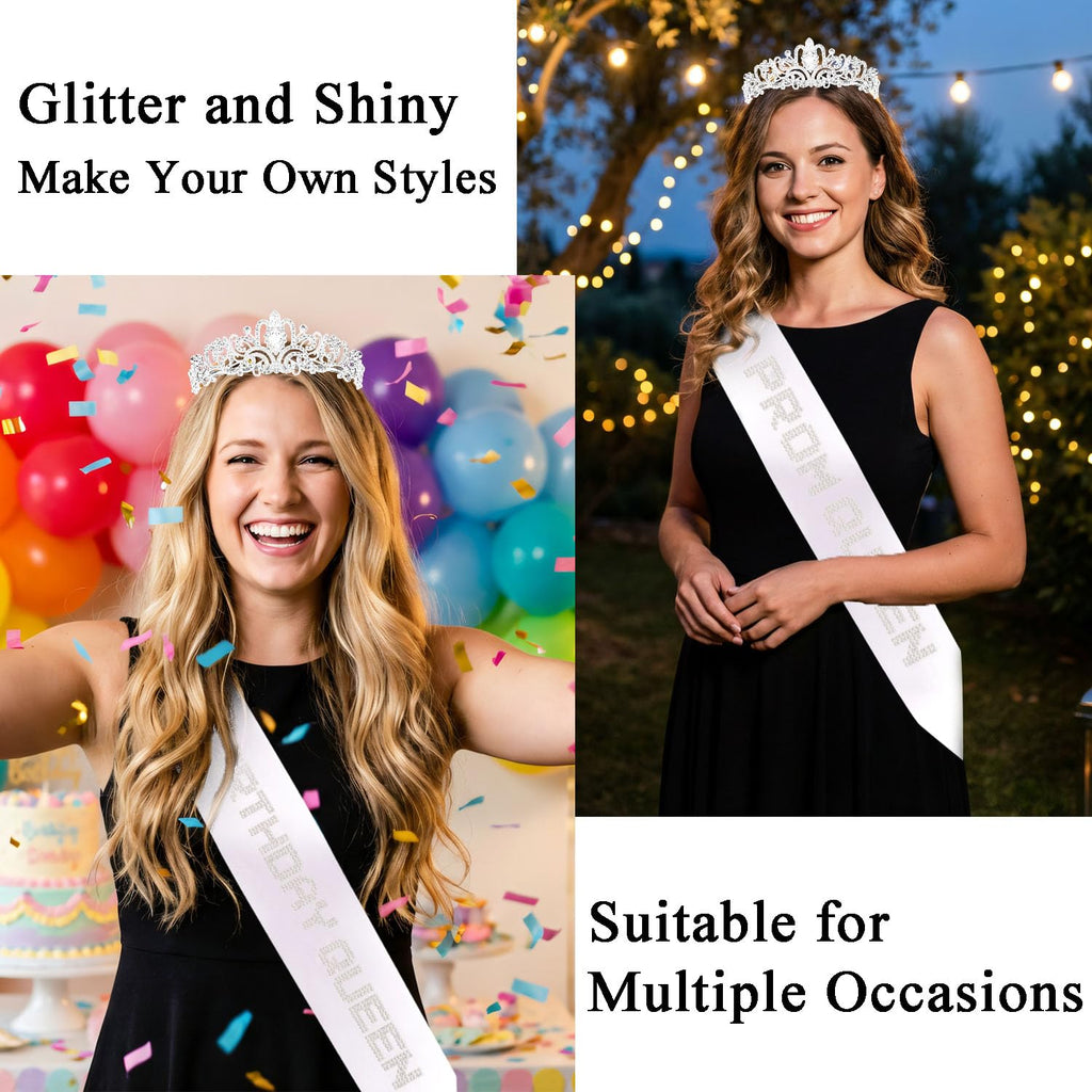 White Custom Sash Personized, Silver Tiara Crown with Blank Satin Sash & 4 Sheets Rhinestone Letters for Women Girls