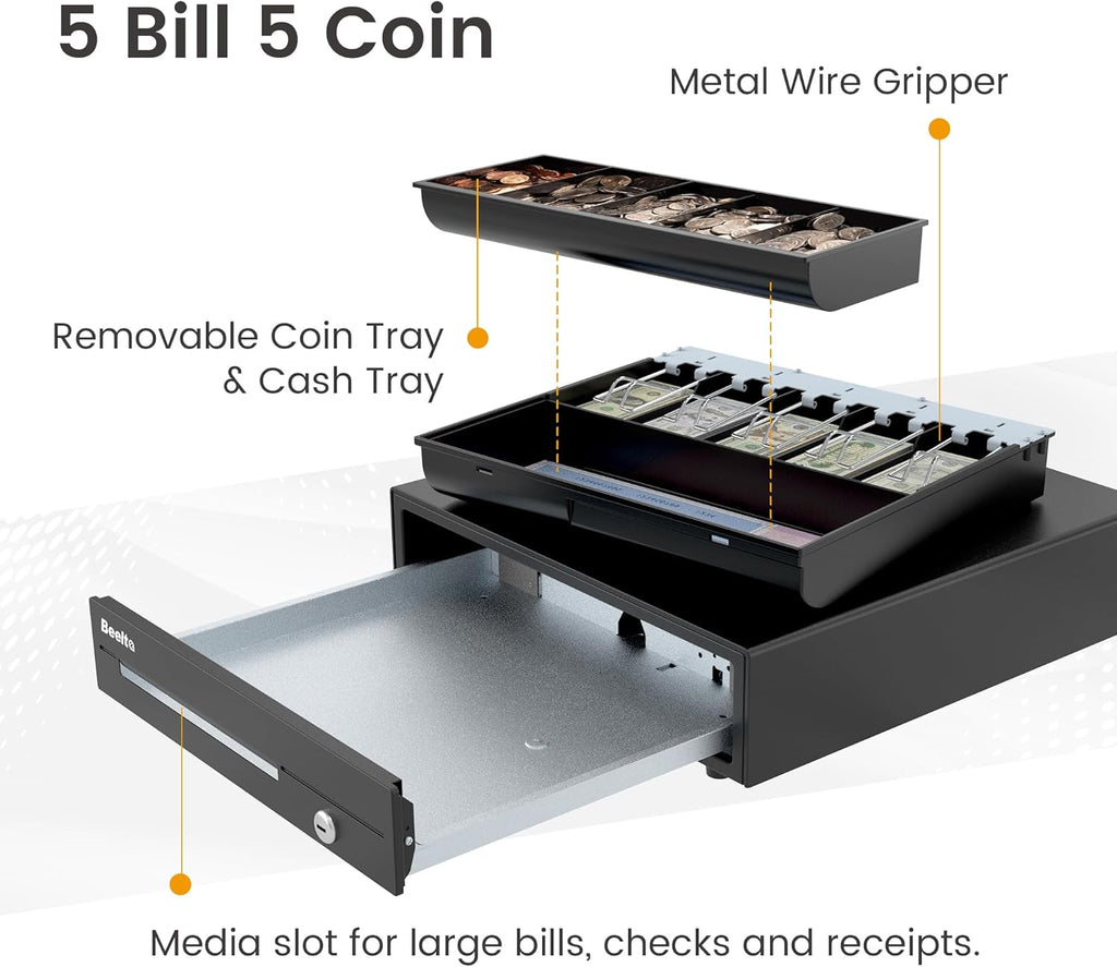 16" Heavy Duty Cash Drawer for POS System – Fully Removable Tray, 5 Bill/5 Coin with Micro Switch & Emergency Switch