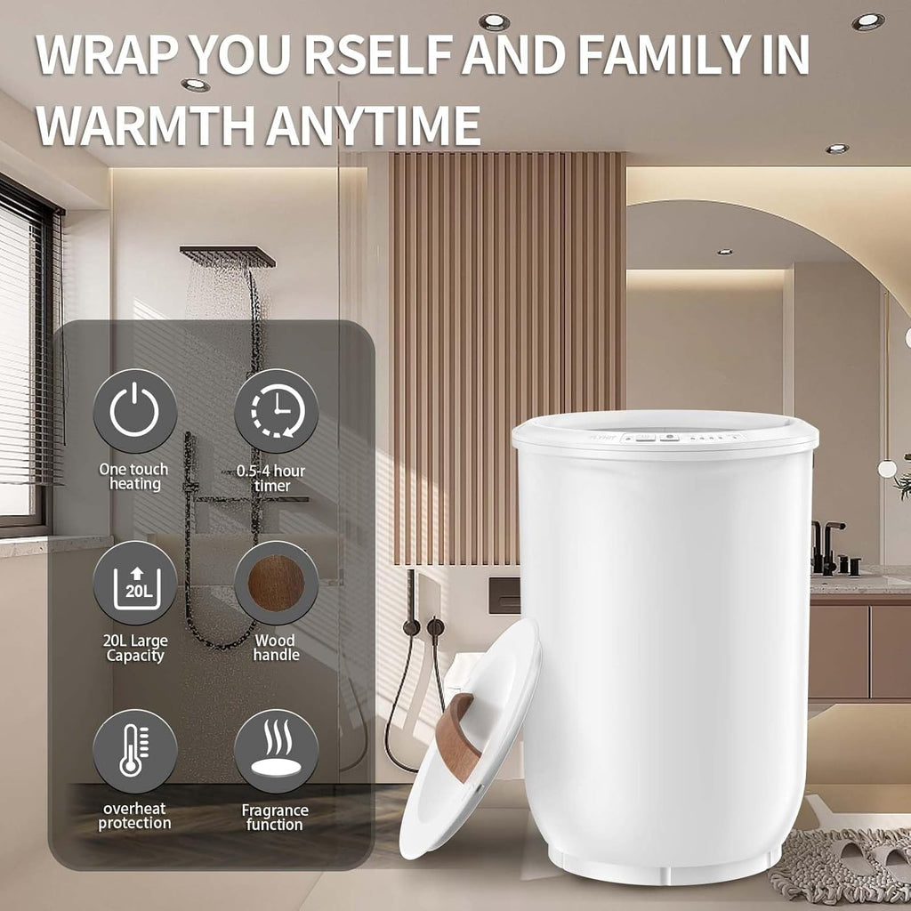 Large Towel Warmer for Bathroom - Heated Towel Warmers Bucket, Wood Handle, Auto Shut Off, Fits Up to Two 40"X70"