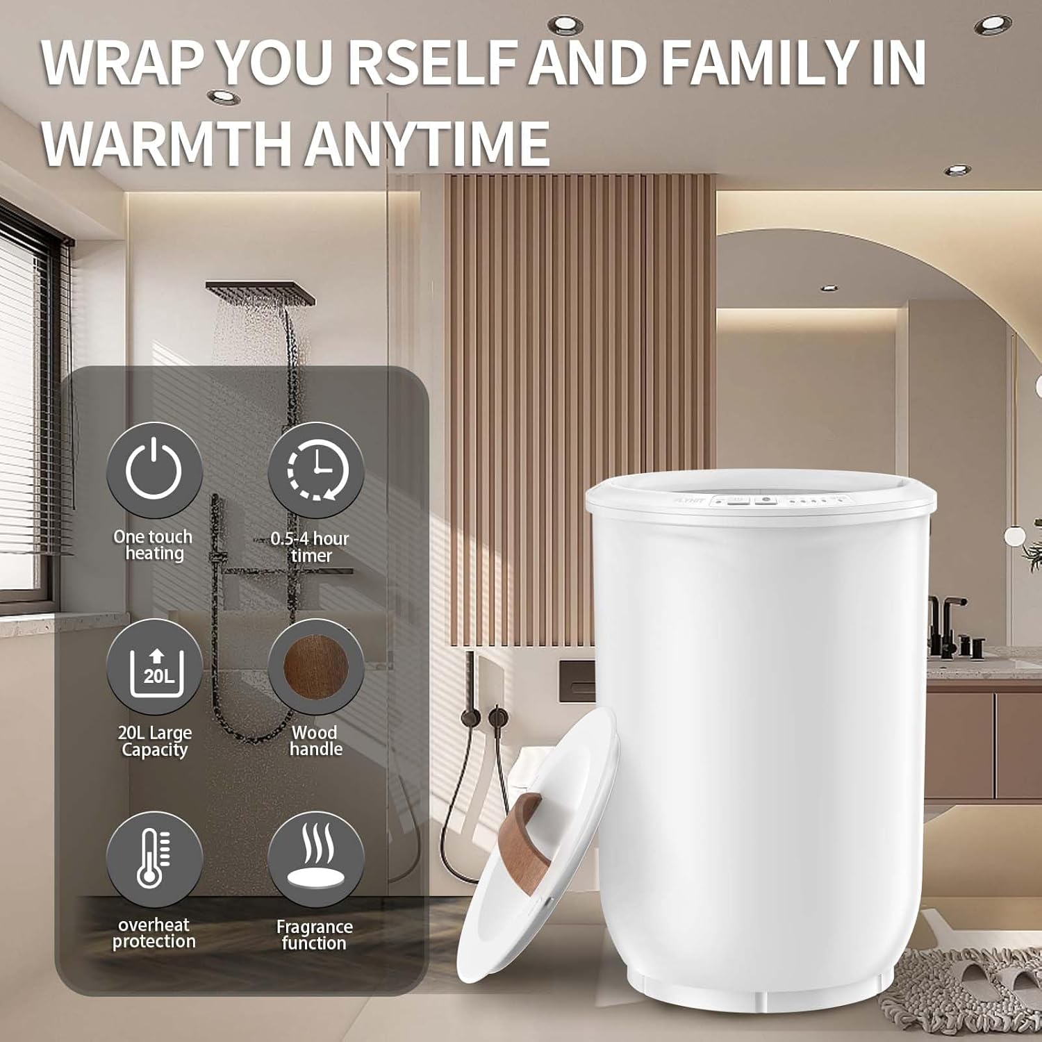 Large Towel Warmer for Bathroom - Heated Towel Warmers Bucket, Wood Handle, Auto Shut Off, Fits Up to Two 40"X70"
