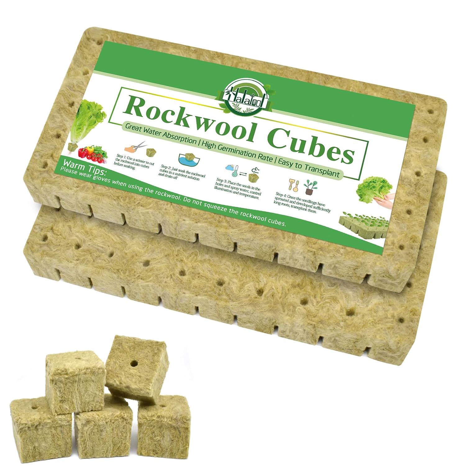 1" Rockwool Cubes, 2Sheets of 100 Rock Wool Seed Starter Plugs | Ideal for Hydroponic Seed Germination & Cuttings