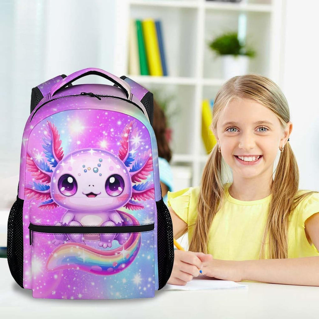 Axolotl Backpack for Girls, 17 Inch Kids Backpacks for Preschool, Cute Pink Large Capacity Toddler Bookbag for
