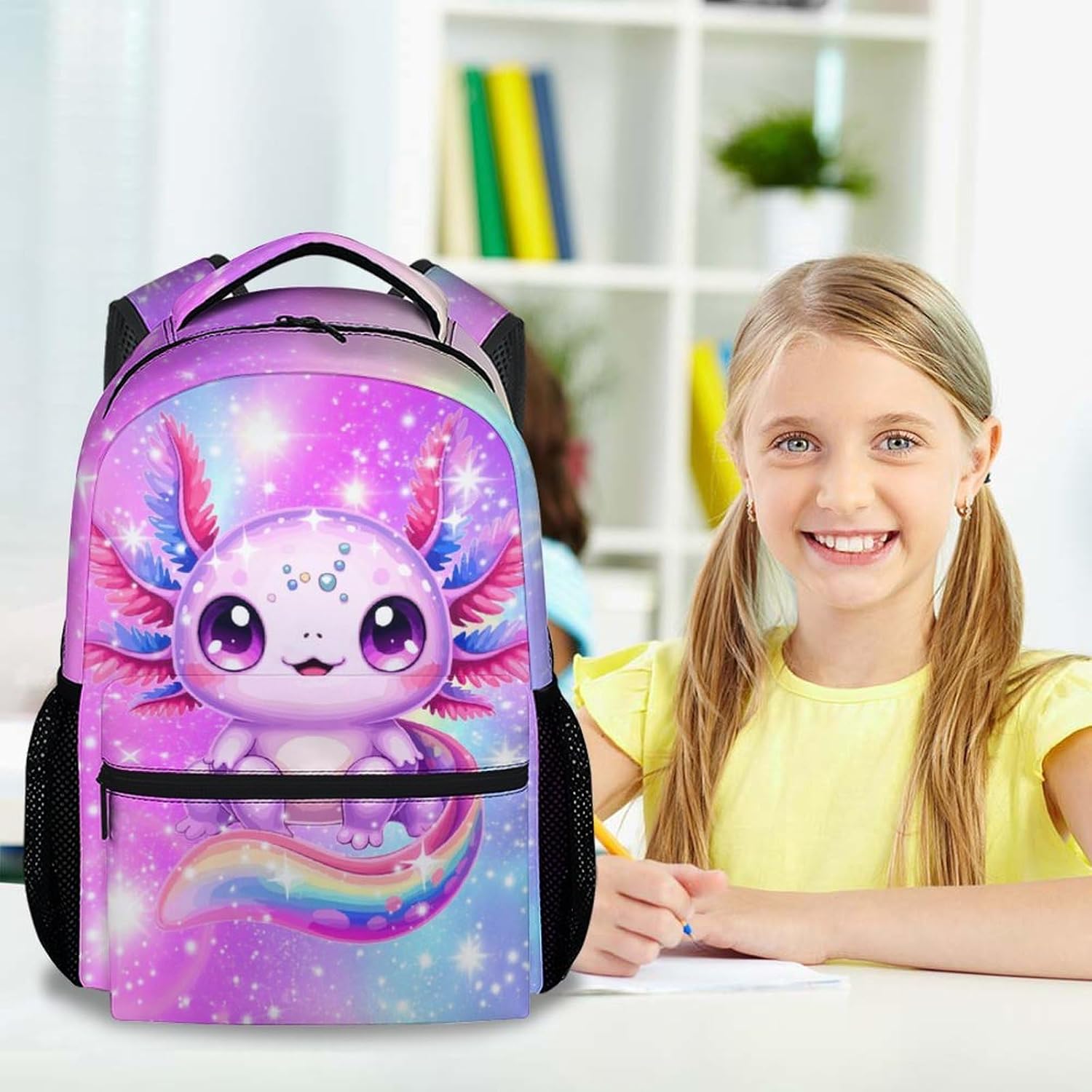 Axolotl Backpack for Girls, 17 Inch Kids Backpacks for Preschool, Cute Pink Large Capacity Toddler Bookbag for
