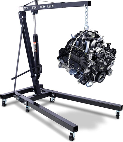 2 Ton Cherry Picker Engine Hoist, Heavy Duty Folding Engine Stand with 6 Iron Caster Wheels, Durable Engine Lift
