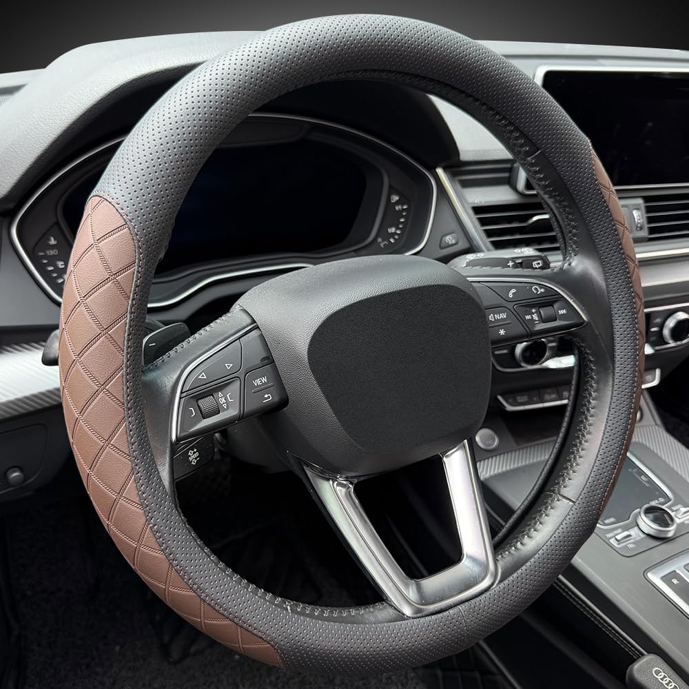Nappa Leather Steering Wheel Cover,Elegant Diamond Checkered Design, Non-Slip wear-Resistant, Enhance Driving