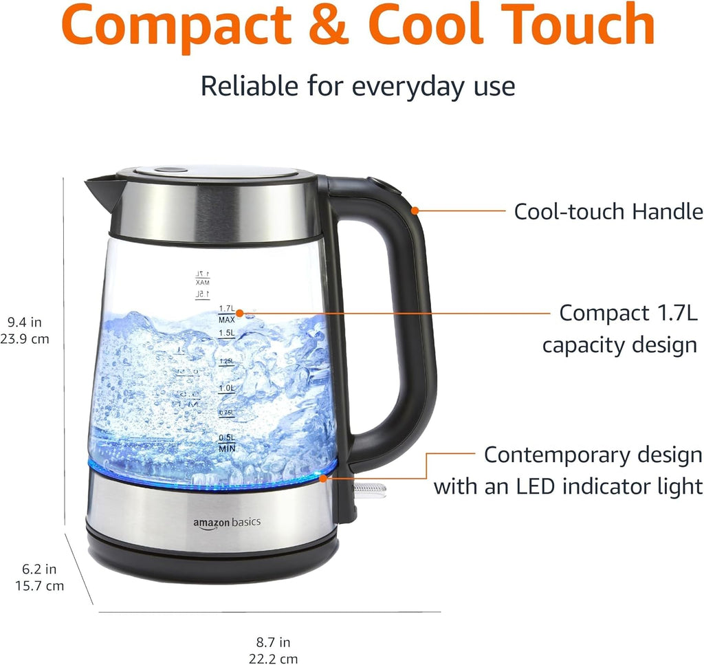 Electric Kettle with Glass Carafe for Tea and Coffee, BPA-Free, Fast Boiling, Auto Shut-Off, Boil-Dry Protection