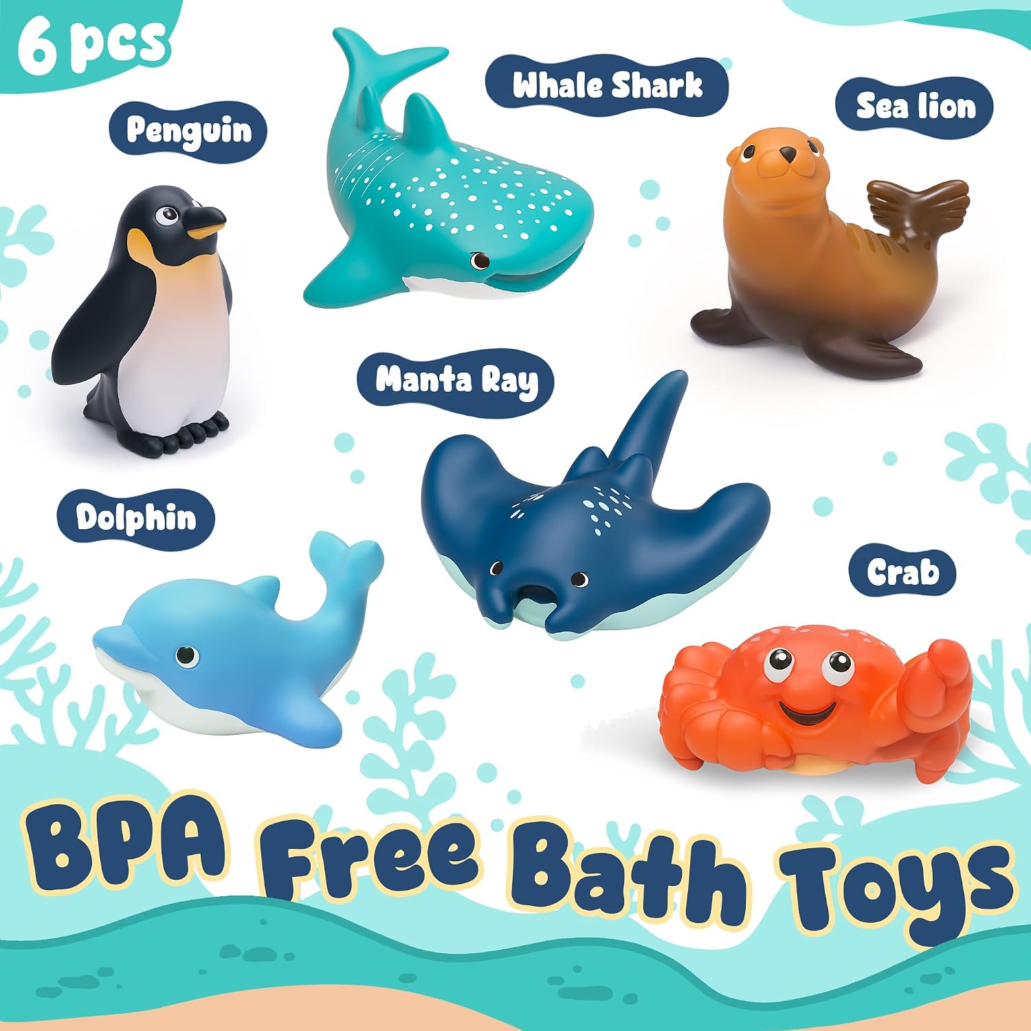 6-Pcs Ocean Animal Bath Toys for Toddlers 6M+, No Hole Mold Free Bathtub Toys, Whale Shark Dolphin Penguin Sea Animal